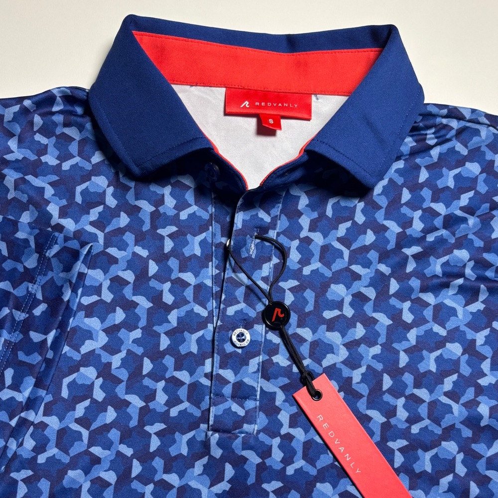 Redvanly Norton Polo Mens Small Blue Geometric Print Performance Golf Shirt New